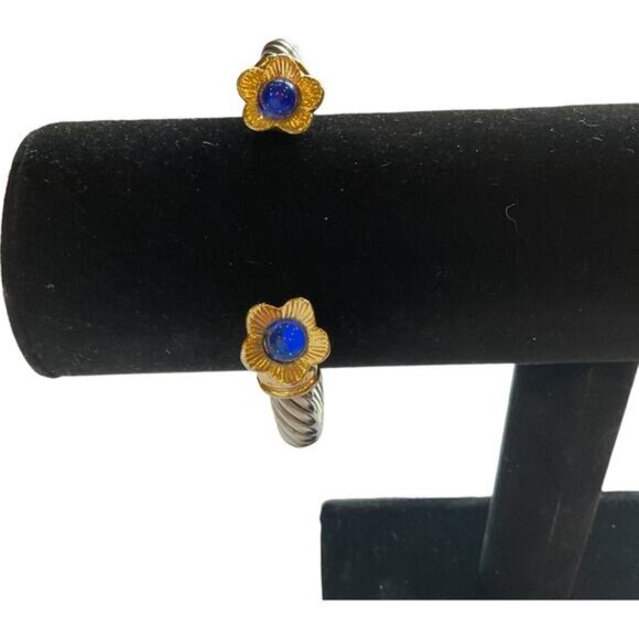 Vintage Gold & Silver Tone Twisted Cuff Bracelet With Blue Stone Flower Ends - Picture 3 of 6